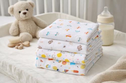 Image of Muslin Baby Bath Towel Cotton Super Soft Bathing Towels, Napkin for Newborn Single Layer Kids Boys and Girls (Pack of 4) White,Size 75 x 100 Cm, Multiprint on White
