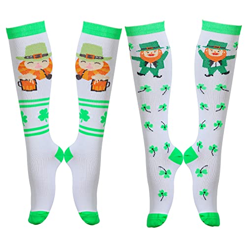 Calcetines de compresión del día de San Patricio para mujeres y hombres (2 pares) Circulación 15-25 mmHg, ideal para correr, ciclismo, rugby, verde, Large/X-Large