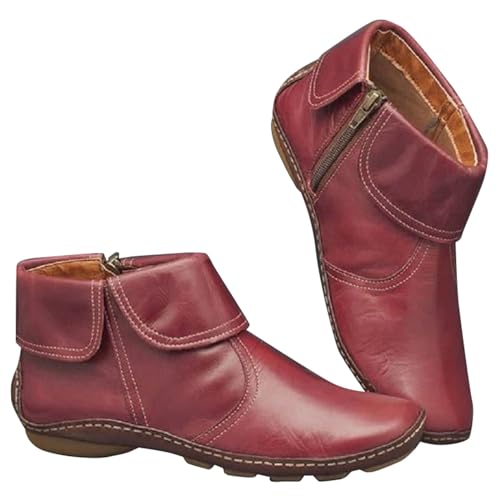 Stiefeletten Damen Flach Mit ReißVerschluss KnöChelschuhe - Rund Toe Rutschfeste Lederschuhe Freizeitschuhe Kurzstiefel - Vintage Bequeme Atmungsaktiv Business Schuhe Walkingschuhe Damenstiefel