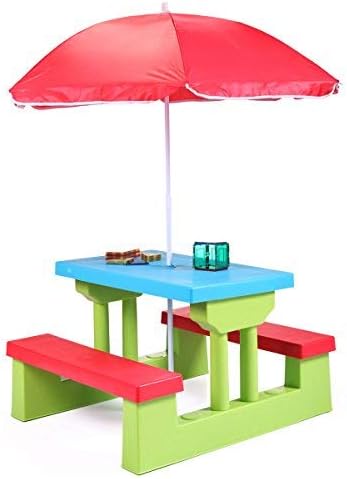Sandinrayli Kids Playful Picnic Table w/Umbrella Plastic Folding Outdoor Children Set Play Bench(Red+Green+Blue) (Multicolored 2)