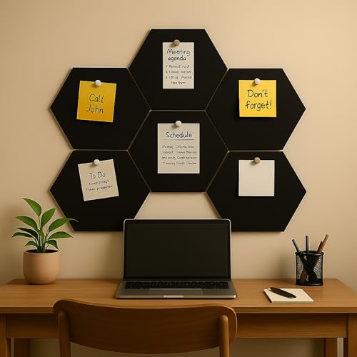 Image of MMT Acoustix PinFelt Hexagon Bulletin Board - Set of 7 12x12 inch Felt Office Pin Board Tiles Notes Reminders & Work Organisation Self-Adhesive Pin-Friendly Acoustic Panels for Wall (Piano Black)