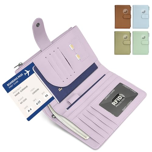 RFID Passport Holder for Women/Men Travel Gift, Large Capacity Passport Wallet, Family Travel Documents Organizer with Card/Airtag Slots, Zipper coin pocket, Cash Holder Passport Cover Case(Purple)