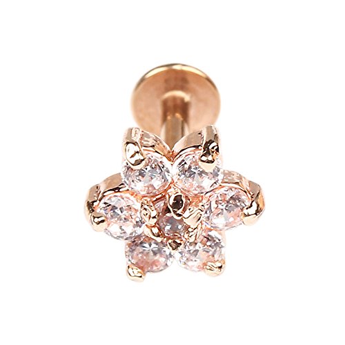 BODYA 1 pc Rose Or 16 G 7mm Cubique Zircone Fleur Anneaux à Lèvres Labret Nez Goujons Helix Forme Ronde Stud Boucle d'oreille Piercing Bijoux