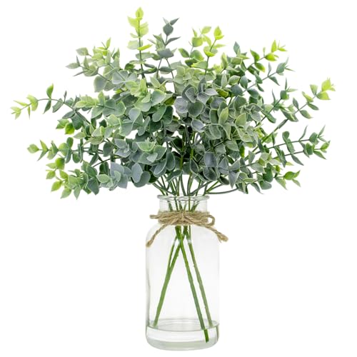 SENCID Artificial Eucalyptus Stems in Glass Vase with Faux Water,14"