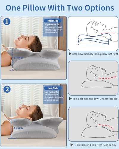 Cervical Neck Pillow for Pain Relief Sleeping, Cooling Ergonomic Contour Side Sleeper Pillow for Neck Support, Odorless Soft Memory Foam Orthopedic Bed Rest Pillow for Back Stomach Sleeper, Grey