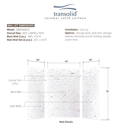 Transolid SWK483672-47 SaraMar 36-in X 48-in X 72-in Glue 3-Piece Shower Wall Kit, White Venito - Thumbnail 5