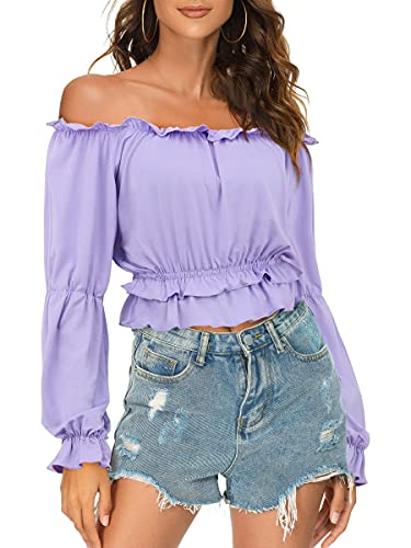 Laughido Long Sleeve Off Shoulder Ruffle Crop Top Women s Puff Shirt Blouses (Taro Purple, Large)