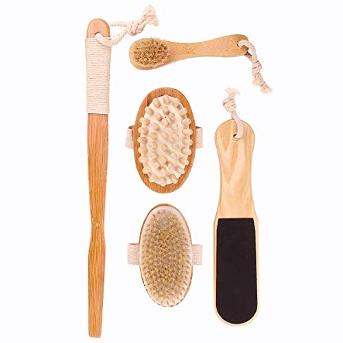 Dry Brushing Body Brush - Stiff Natural Boar Bristle Face/Back/Foot Cactus Skin Brush Scrubber for Exfoliation, Cellulite, Circulation, Drain Lymph Massage in Bath Shower - Long Detachable Handle - Thumbnail 4