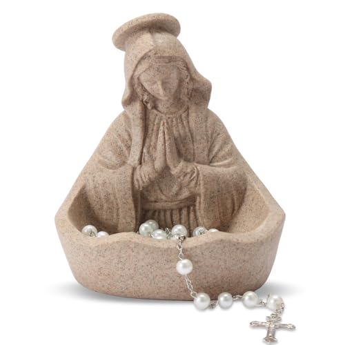 LVEOLU Virgin Mary Statue Catholic Gifts for Women Virgin Mary Keepsake Rosary Holder 5.5 Blessed Mother Statues Catholic Decor (Sandstone)