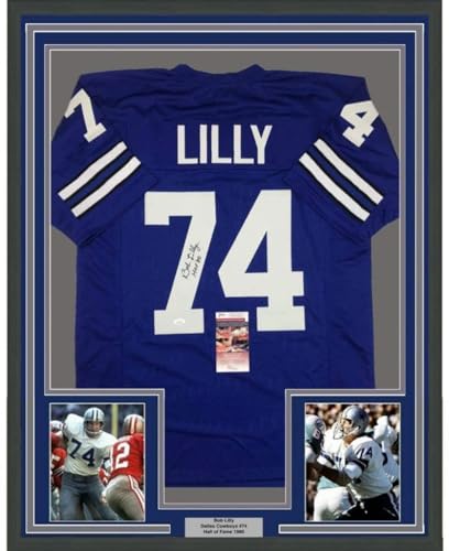 Framed Autographed/Signed Bob Lilly HOF 80 33x42 Dallas Retro Blue Football Jersey JSA COA
