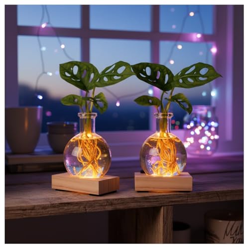 Led Hydroponic Plant Vase, Illuminated Clear Glass Water Propagation Planter with Built-In Light For Cuttings, Glass Planter Station with Waterproof Lighted Wooden Base, Ambient Night Light(2PCS)