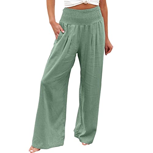 Flowy Linen Pants for Women Summer Casual High Waist Plus Size Wide Leg Yoga Beach Lounge Trousers Palazzo Pants
