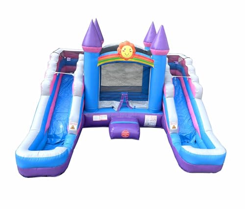 Pogo Bounce House Inflatable Bounce and Double Slide Combo (without Blower) - 16' Long x 15' Wide Crossover Pink and Purple Castle Combo Bouncer, Kids Outdoor Toys and Jumpers