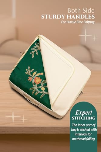 Image of Cotton Canvas Storage Bags for Sarees & Lehengas | Pack of 3 | Zip Closure with Transparent Window | Foldable Clothes Organizer for Wardrobe (17 x 14 x 7 inch, Beige)