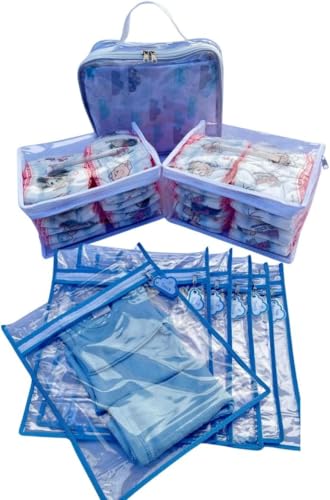 Kit Organizador Mala Maternidade Bebê com 6 Saquinhos Transparentes + 3 Necessaires com Tag Identificação – Bolsa Maternidade Viagem (Azul)