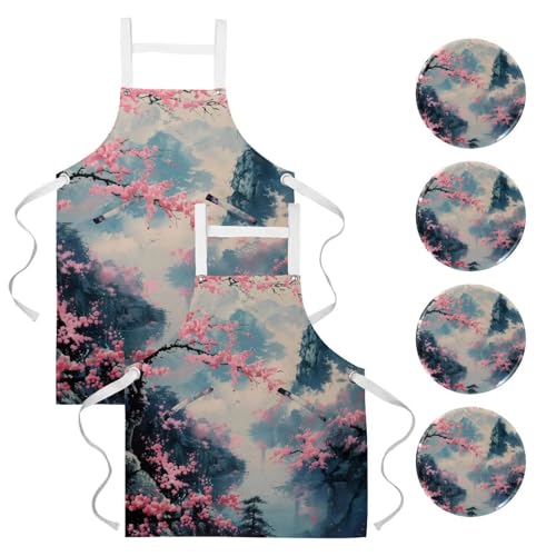 Tablier de cuisine lot de 2 imperméable aux taches avec 4 broches design Paradis de cerise