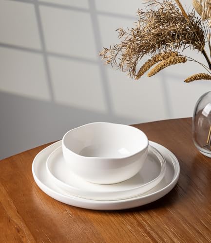 Image of TheTerra Ceramic Dinnerware Sets, Handmade Reactive Glaze Plates and Bowls Set, Scratch Resistant Dish Set, Oven & Microwave & Dishwasher Safe, Bright White