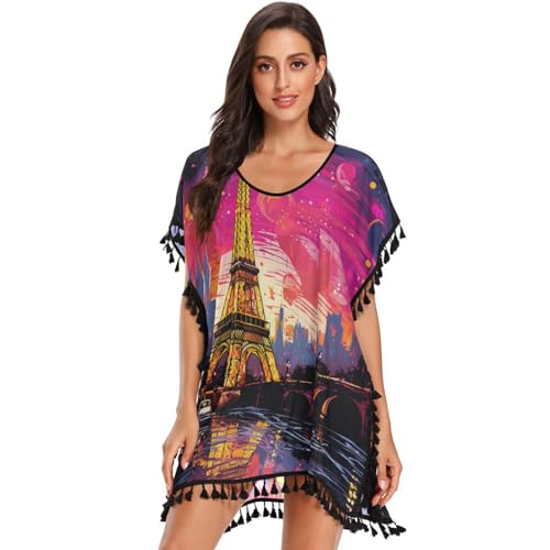 Moon Oil Art Paris Tower Women's Beach Cover Up Chiffon Tassel Swimwear Swimsuit Coverups for Girl