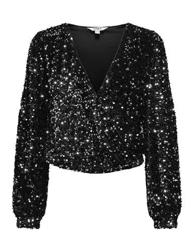 ONLY Onlanika Sequin LS Fake Wrap Top Wvn CS, Negro, S Mujeres