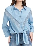 Womens Rhinestone Fringe Womens Button Down Shirt Rolled 3/4 Sleeve Tie Front Top Western Cowgirl Rodeo Shirt Blue/Medium