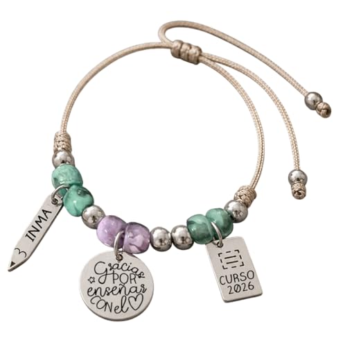 Pulsera para profesora, personalizada, elaborada a mano, acabados en acero inoxidable, ajustable, MODELO VIVA, Regalos para profesores. (MULTICOLOR VIOLETA, GRACIAS POR ENSEÑAR CON EL CORAZÓN)