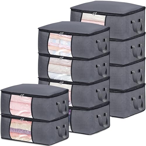 BiCINE 10 Pack Clothes Storage Bags with Zipper, 45L Foldable Blanket Storage Box with Clear Window Sturdy Handles for Closet, Dorm, Pillows, Bedding, Sheet, Comforter, Gray