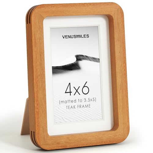 Image of 4x6 Picture Frame, USA-Sourced Natural Teak Wood Photo Collage Frame with HD Tempered Glass, Modern Simple 4 x 6 Wooden Frame Matted to 3.5x5, Gallery Wall Frames for Art, Wall or Tabletop Display
