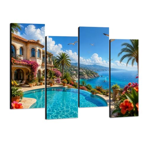 4 Pcs Canvas Wall Art Luxury Mediterranean Villa Infinity Pool Ocean View Coastal Landscape Photo Prints Realism Stretched and Framed Artworks Modern Wall Decor for Living Room Bedroom Office