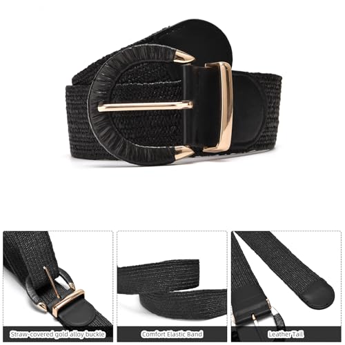 Yaopeing 3 Pieces Straw Woven Belt for Women Ladies,Boho Elastic Waist Braided Belt for Dress3