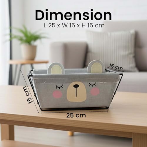 Image of Go Hooked Cute Grey Bear Design Storage Basket for Kids | Strong Metal Wire Organizer with Detachable Fabric Liner | Multipurpose Basket for Toys, Fruits, Snacks, Bathroom, Wardrobe & Home Decor