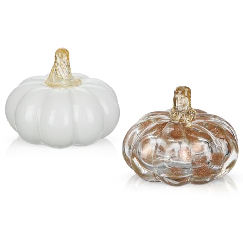 Briful Set di 2 zucche in vetro soffiato a mano per decorazioni autunnali, 7,9 cm, mini zucche artificiali decorative in vetro per Halloween, centrotavola del Ringraziamento, vassoi a strati e