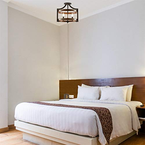 Kira Home Woodrow 15" 3-Light Industrial Farmhouse Semi Flush Convertible Pendant Light + Wood Style Metal Drum Shade, Textured Black + Walnut Style Finish #TOP2