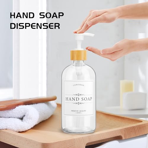 COHOSEGE 16oz Premium Clear Glass Soap Dispenser with Bamboo Tray and Pump(2 Pack,8 Waterproof Labels),Soap Dispenser Bathroom,Hand Soap and Dish Soap Dispenser for Kitchen Sink, Lotion Soap Bottle