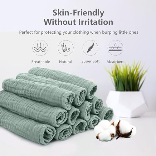 Image of SWEET DOLPHIN 12 Pack Muslin Burp Cloths Large 100% Cotton Hand Washcloths for Baby - Baby Essentials Extra Absorbent and Soft Boys & Girls Milk Spit Up Rags - Dark Green, 20 inch X10 inch
