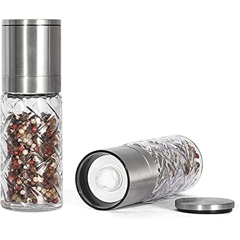 Vzaahu Salt and Pepper Grinder Shakers, 2 Set Stainless Steel, Refillable Adjustable Coarseness, with Non-Corrosive Ceramic Glass Body Cover