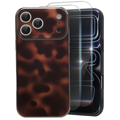 MYY Cute Phone Case for iPhone 17 Pro Max Case [with 2X Screen Protector] Tortoise Shell Pattern Leopard Full Camera Protective Slim Shockproof Cool Trendy Aesthetic-Brown Amber