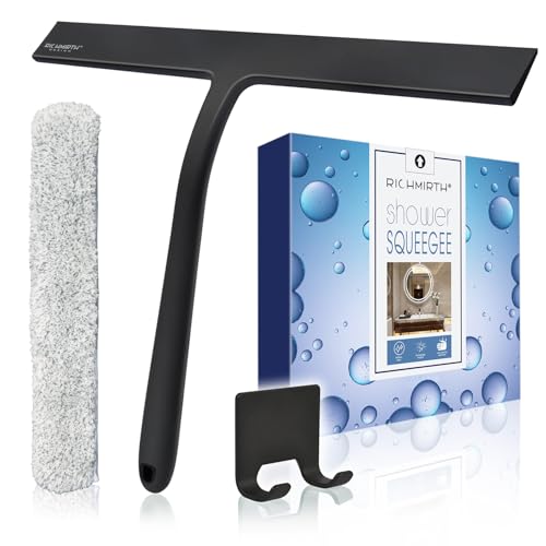 Image of 12 Inch Silicone Shower Squeegee for Glass Doors with Microfiber Cloth & Hook, Streak-Free Window Cleaner for Bathroom Mirror Tile Car, No-Scratch Squeegee with Rustproof Metal Core (Black)