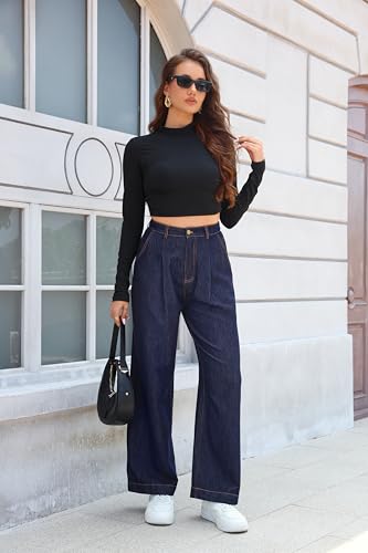 Love Welove Fashion Wide Leg Jeans for Women Dark Blue High Waist Denim Pants with Elastic Back Plus Size 3XL Fall Winter3