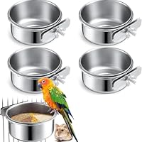 4 Stück Vogel Futternapf zum Einhängen mit Edelstahlhalter für Papageien, Wellensittich - Wasser und Futter Näpfe im Vogelhaus (10cm x 4.5cm)