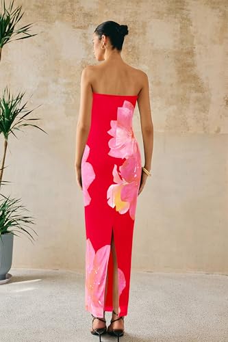 Image of PRETTYGARDEN Women Summer Strapless Maxi Dress Bodycon Floral Sexy Long Wedding Guest Dress Formal Tube Mesh Cocktail Dresses