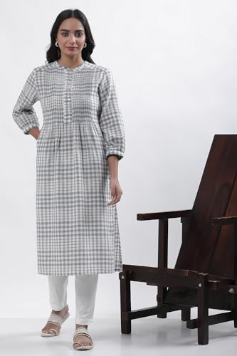 Image of W for Woman White Checked Print Cotton Straight Kurta