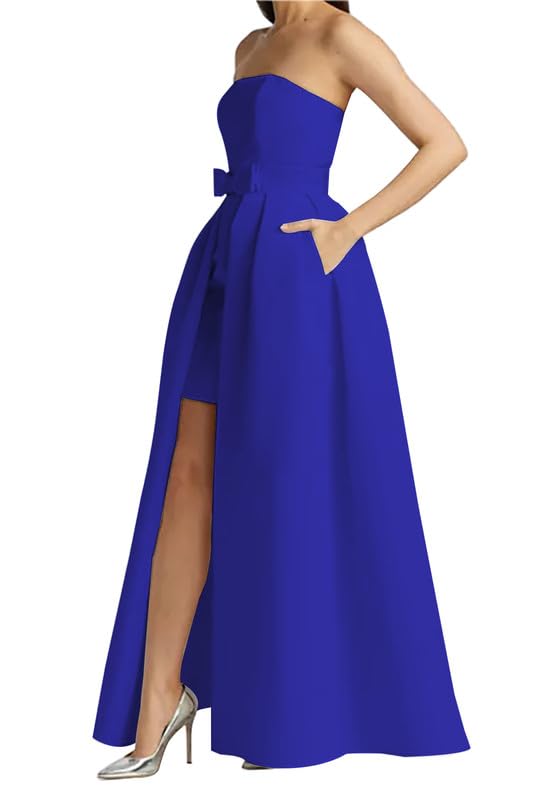 Strapless Prom Dresses for Women A Line Evening Party Gowns with Pockets Satin Two Piece Formal Dress with Train