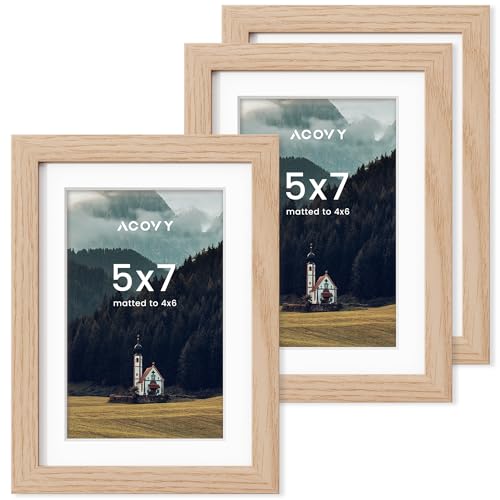 Acovy 5x7インチ写真フレーム、5x7フレームマット4x6、フォトフレーム5x7、高解像度プレキシガラス付き、5x7フォトフレーム壁&卓上ディスプレイ用(オーク、3パック)