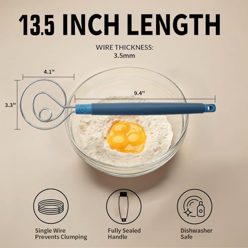 Danish Dough Whisk Heavy Duty 13.5" - Stainless Steel Sourdough Bread Mixer with Silicone Handle | Dutch Whisk for Pizza,Cake Batter & Cookie Dough | Dishwasher-Safe Baking Tool (Blue) — view 4