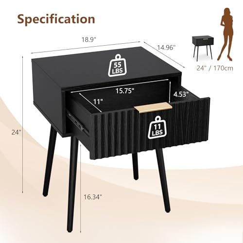 Image of VINGLI Nightstands Set of 2, Fluted Night Stand with Drawer, Bedside Table, Wood Nightstand for Bedroom, Mid Century Modern End Tables, Black, 18.9 inch W*14.96 inch D*24 inch H