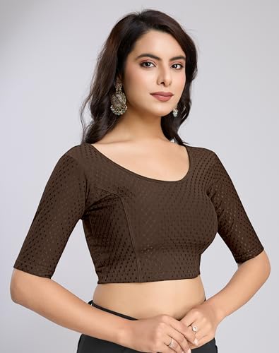 Image of TRENDMALLS Women's Dobby Pure Cotton Elastin Stretchable Readymade Round Neck Elbow Length Sleeves Blouse Choli Stylish Saree Blouse Ready to Wear