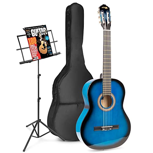 MAX SoloArt Guitare Acoustique Classique avec Pupitre – Bleu, Idéal pour Débuter la Guitare - Les Beatles, Paul McCartney, John Lennon, RIngo Starr, George Harrison MAX SoloArt Guitare Acoustique Classique avec Pupitre - Bleu, Idéal pour Débuter la Guitare