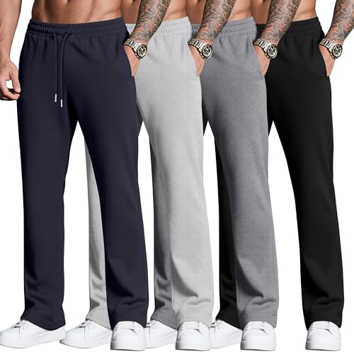 Neer 4 Pack Men’s Sweatpants Joggers with Pockets Open Bottom Gym Athletic Pants Baggy Workout Casual Running Clothing