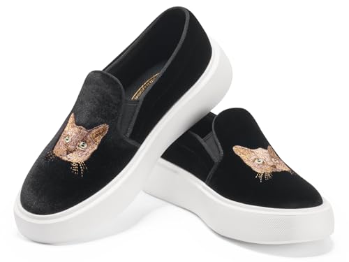 Image of Journey West Women's Fashion Velvet Sneakers with Embroidery Comfortable Slip-On Work Shoes for Women