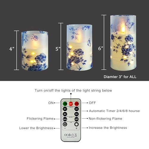 Image of Flickering Flameless Candles Blue Peony Print Embedded Star String Lights, Battery Operated Acrylic LED Pillar Candles with 11-Key Remote and Timer for Home Decoration, 3 Pack